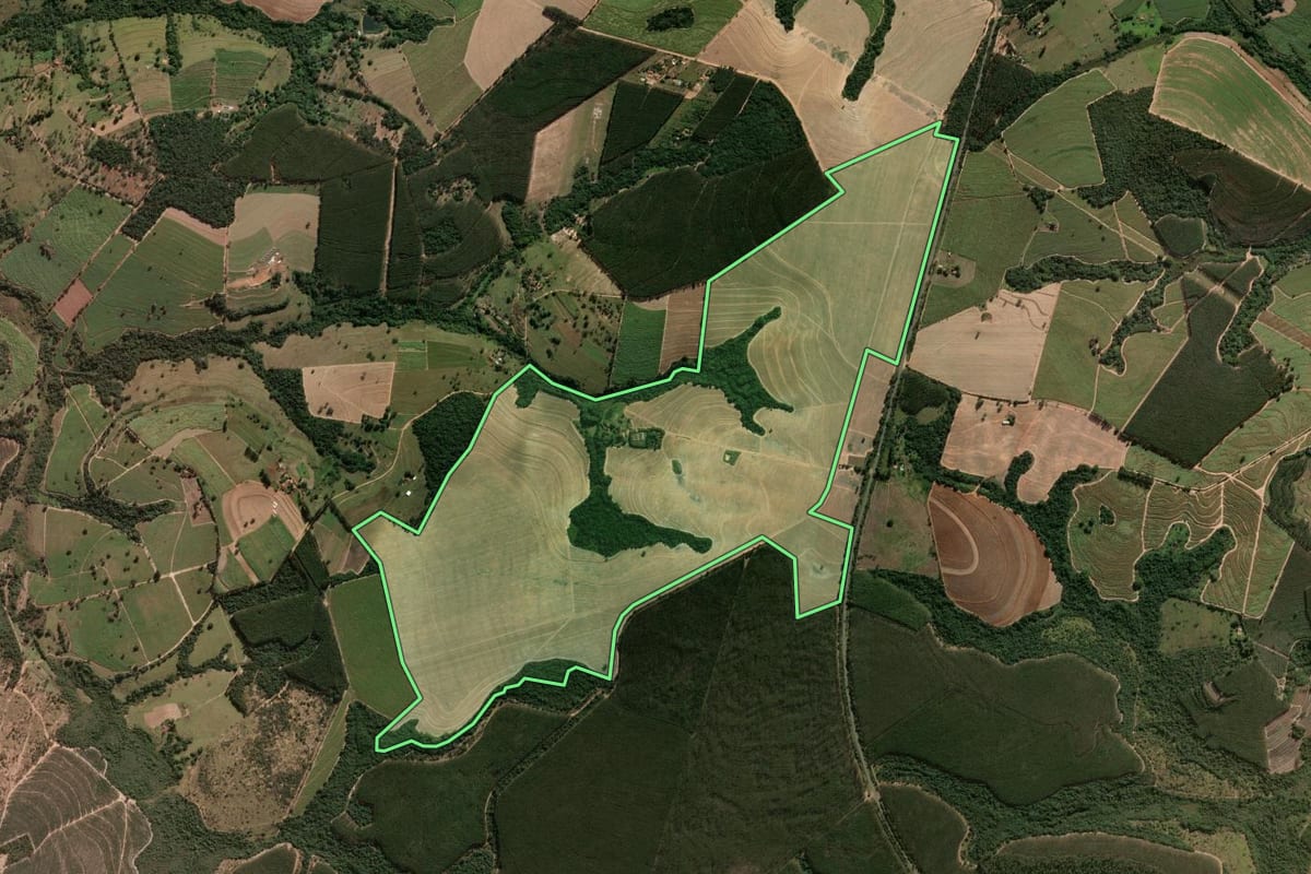 Imagem de satélite do imóvel rural em Santa Rosa de Viterbo (SP), com o contorno declarado no CAR desenhado por cima.