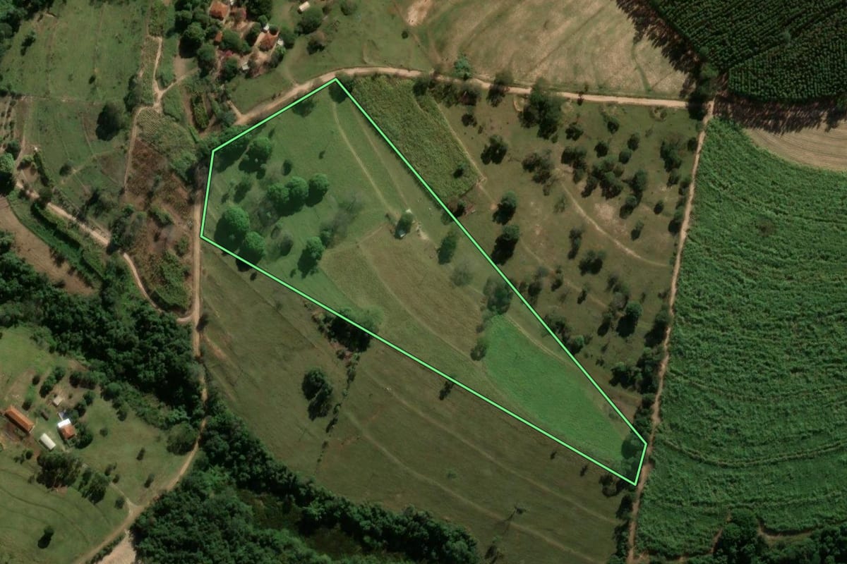 Imagem de satélite do imóvel rural em Santa Rosa de Viterbo (SP), com o contorno declarado no CAR desenhado por cima.