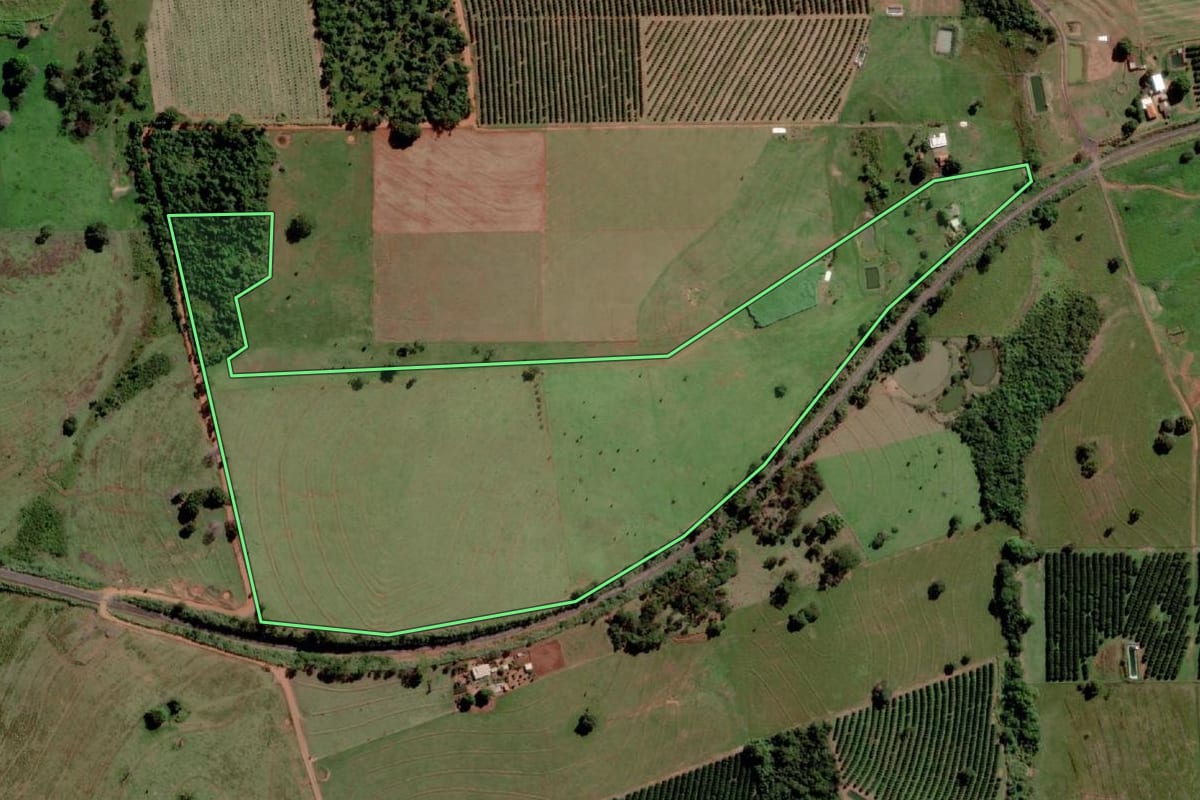 Imagem de satélite do imóvel rural em Santa Salete (SP), com o contorno declarado no CAR desenhado por cima.