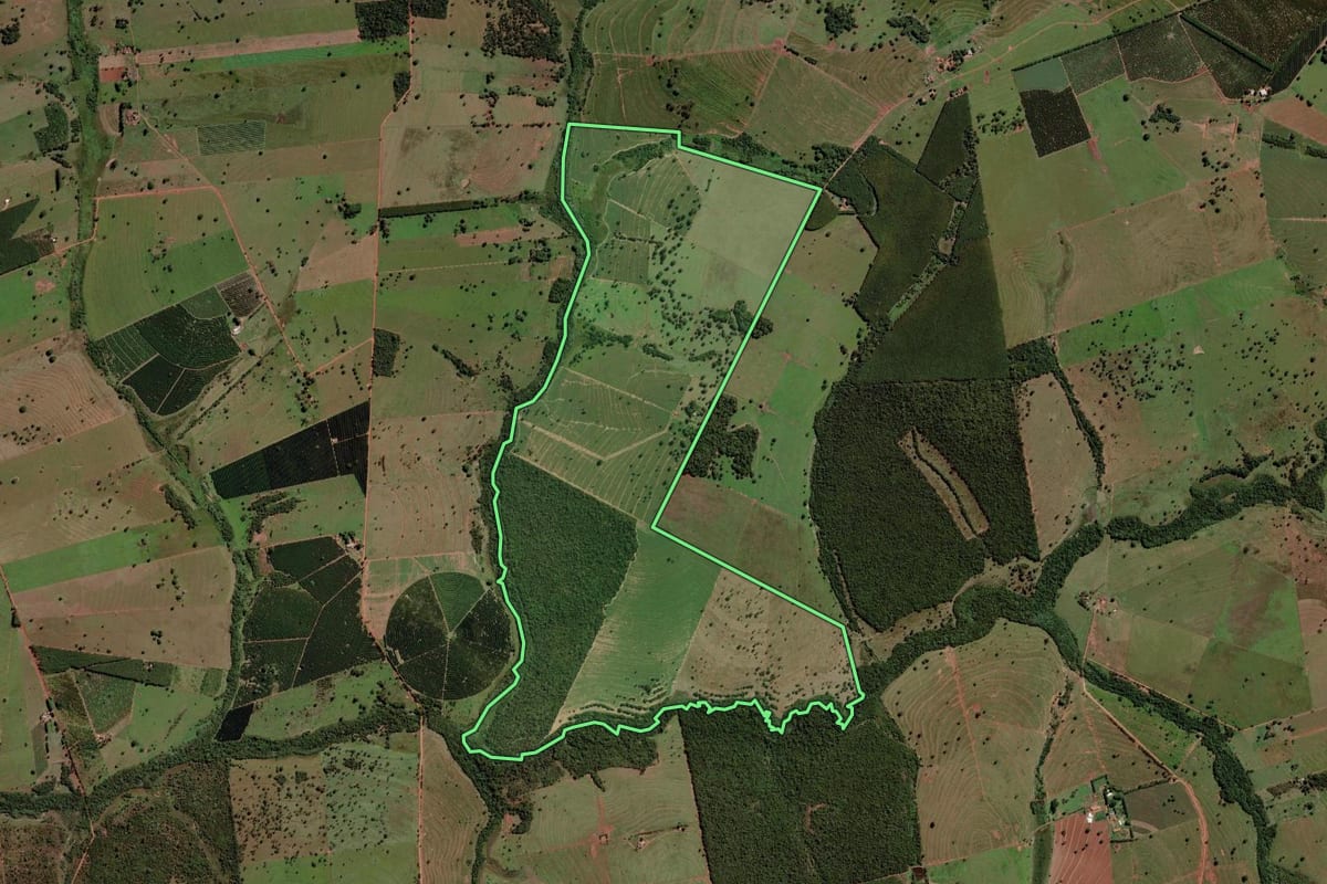 Imagem de satélite do imóvel rural em Santa Salete (SP), com o contorno declarado no CAR desenhado por cima.