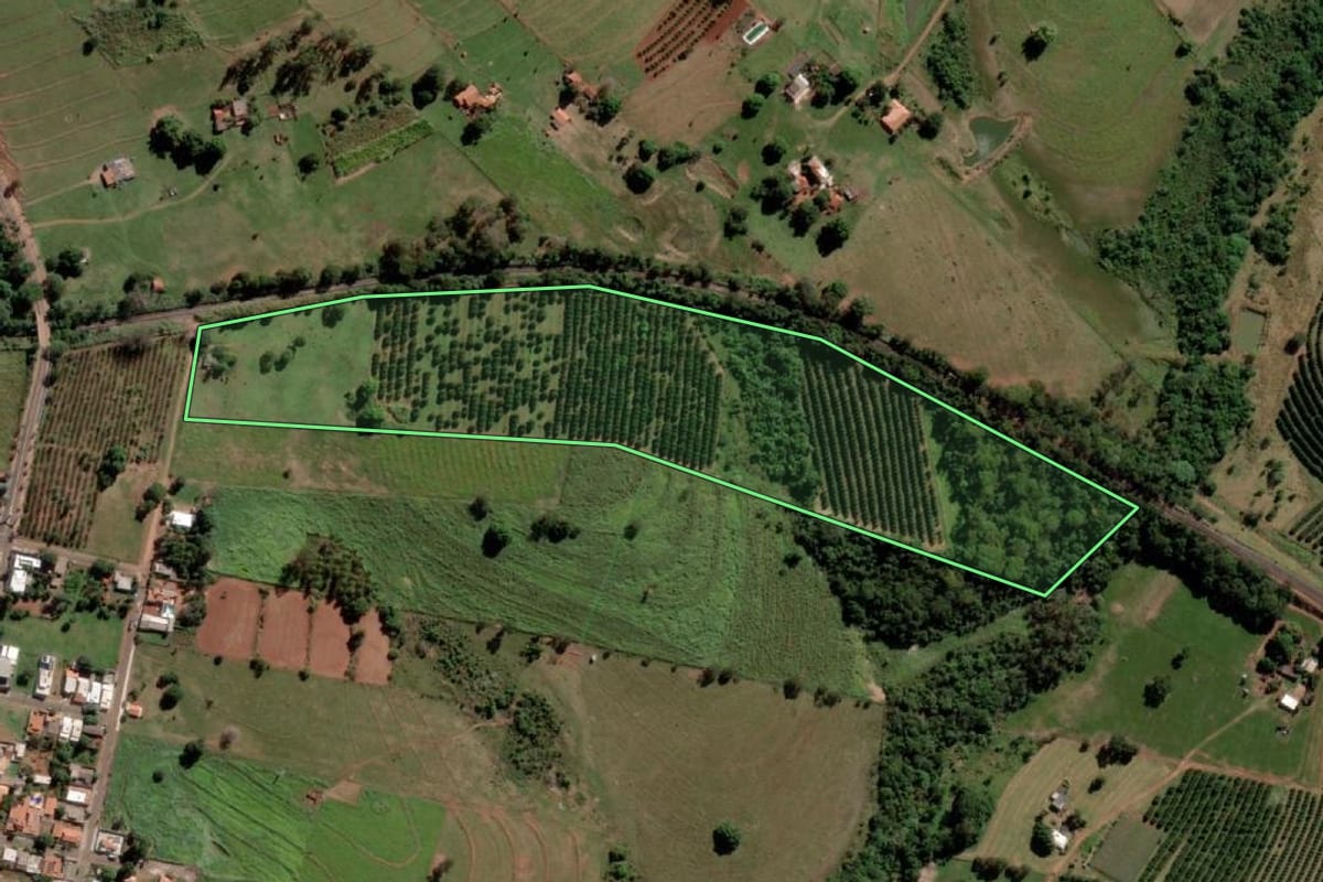 Imagem de satélite do imóvel rural em Santa Salete (SP), com o contorno declarado no CAR desenhado por cima.