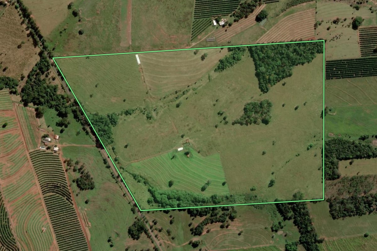 Imagem de satélite do imóvel rural em Santa Salete (SP), com o contorno declarado no CAR desenhado por cima.
