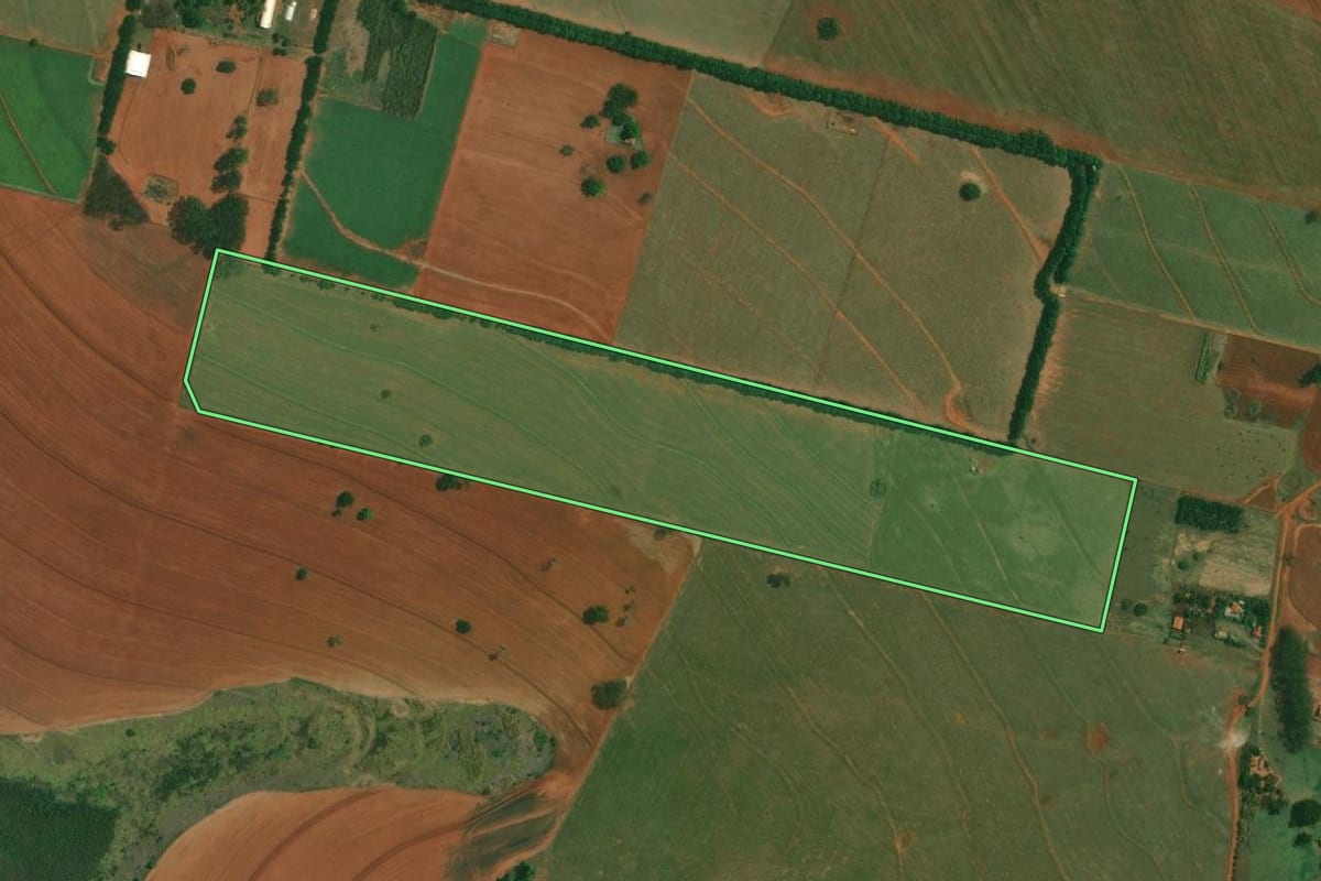 Imagem de satélite do imóvel rural em Santo Anastácio (SP), com o contorno declarado no CAR desenhado por cima.