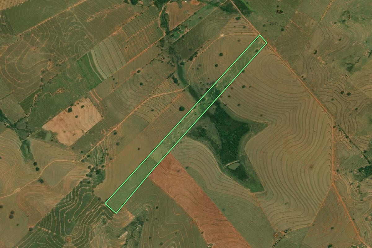 Imagem de satélite do imóvel rural em Santo Anastácio (SP), com o contorno declarado no CAR desenhado por cima.