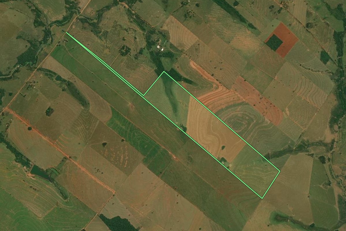 Imagem de satélite do imóvel rural em Santo Anastácio (SP), com o contorno declarado no CAR desenhado por cima.