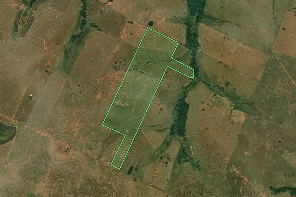 Imagem de satélite do imóvel rural em Santo Anastácio (SP), com o contorno declarado no CAR desenhado por cima.