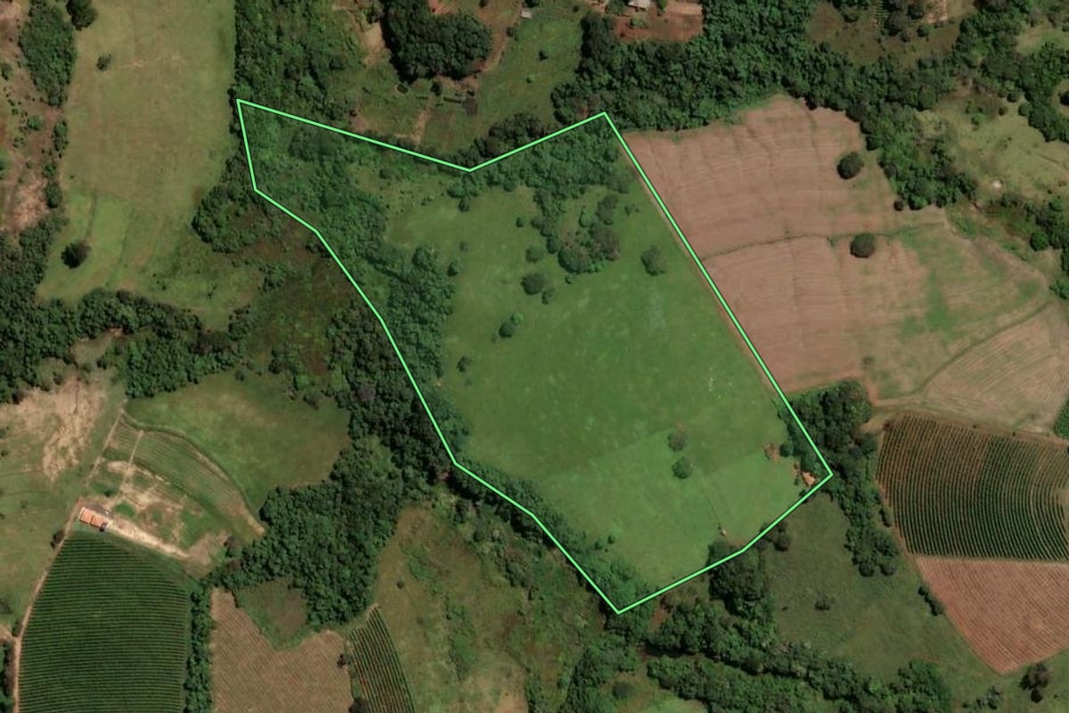 Imagem de satélite do imóvel rural em Santo Antônio da Alegria (SP), com o contorno declarado no CAR desenhado por cima.