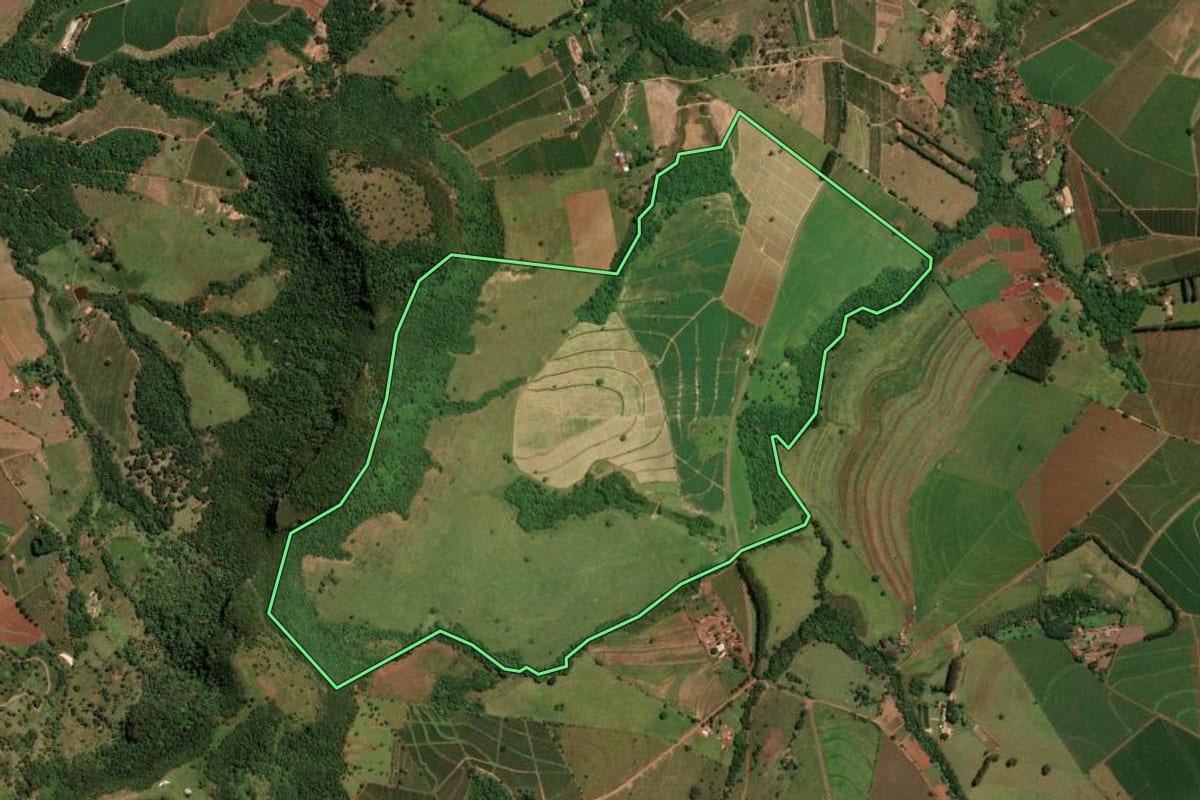 Imagem de satélite do imóvel rural em Santo Antônio da Alegria (SP), com o contorno declarado no CAR desenhado por cima.