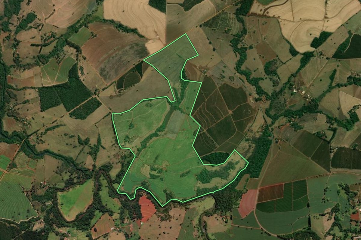 Imagem de satélite do imóvel rural em Santo Antônio da Alegria (SP), com o contorno declarado no CAR desenhado por cima.