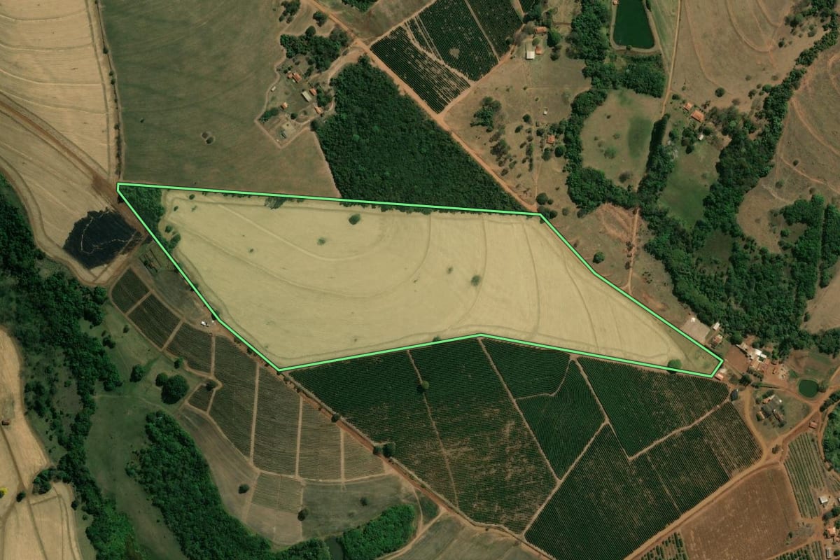 Imagem de satélite do imóvel rural em Santo Antônio da Alegria (SP), com o contorno declarado no CAR desenhado por cima.