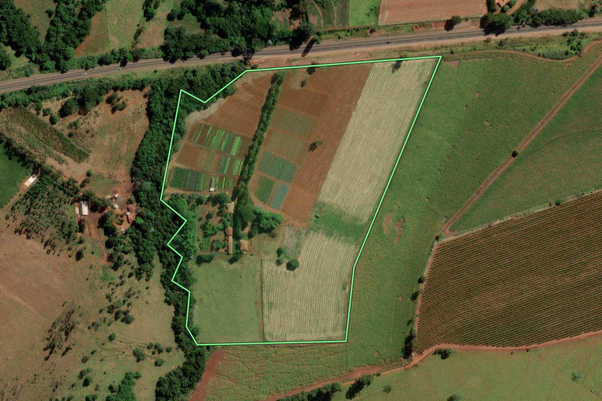 Imagem de satélite do imóvel rural em Santo Antônio da Alegria (SP), com o contorno declarado no CAR desenhado por cima.