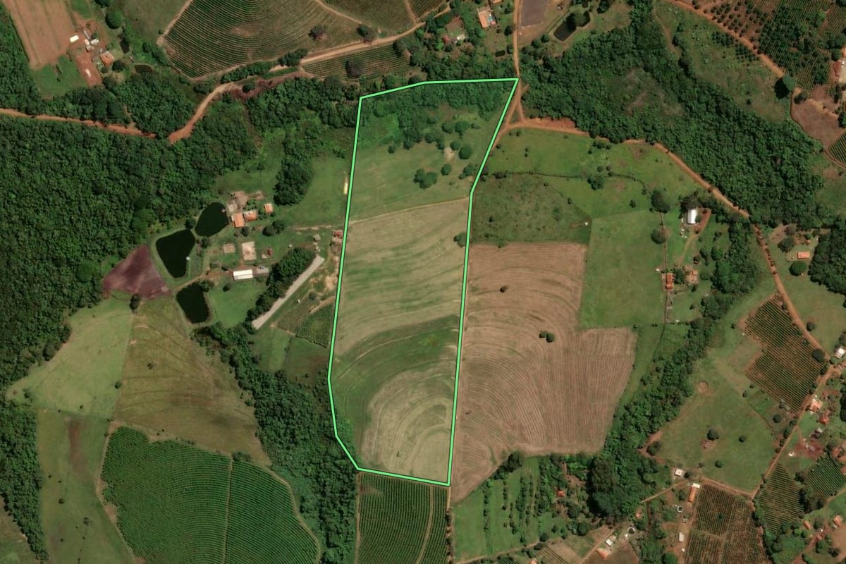 Imagem de satélite do imóvel rural em Santo Antônio da Alegria (SP), com o contorno declarado no CAR desenhado por cima.