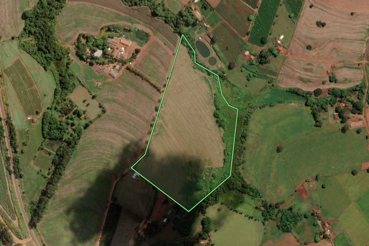 Imagem de satélite do imóvel rural em Santo Antônio da Alegria (SP), com o contorno declarado no CAR desenhado por cima.