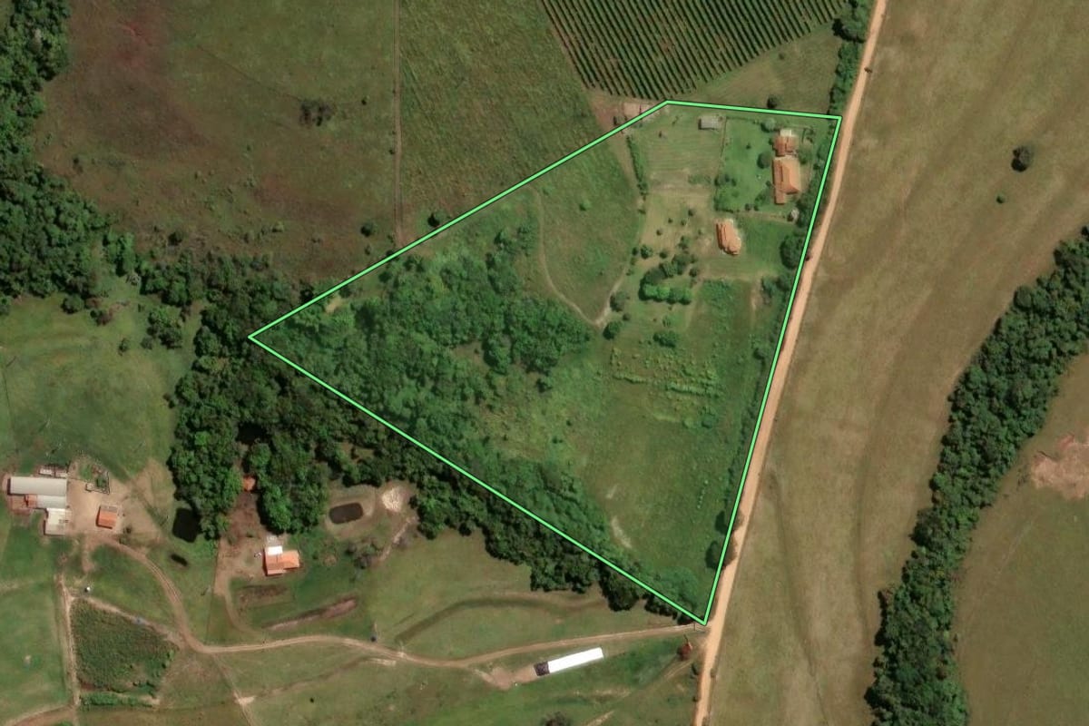 Imagem de satélite do imóvel rural em Santo Antônio da Alegria (SP), com o contorno declarado no CAR desenhado por cima.