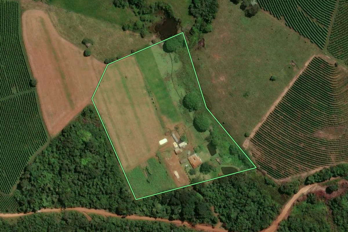Imagem de satélite do imóvel rural em Santo Antônio da Alegria (SP), com o contorno declarado no CAR desenhado por cima.