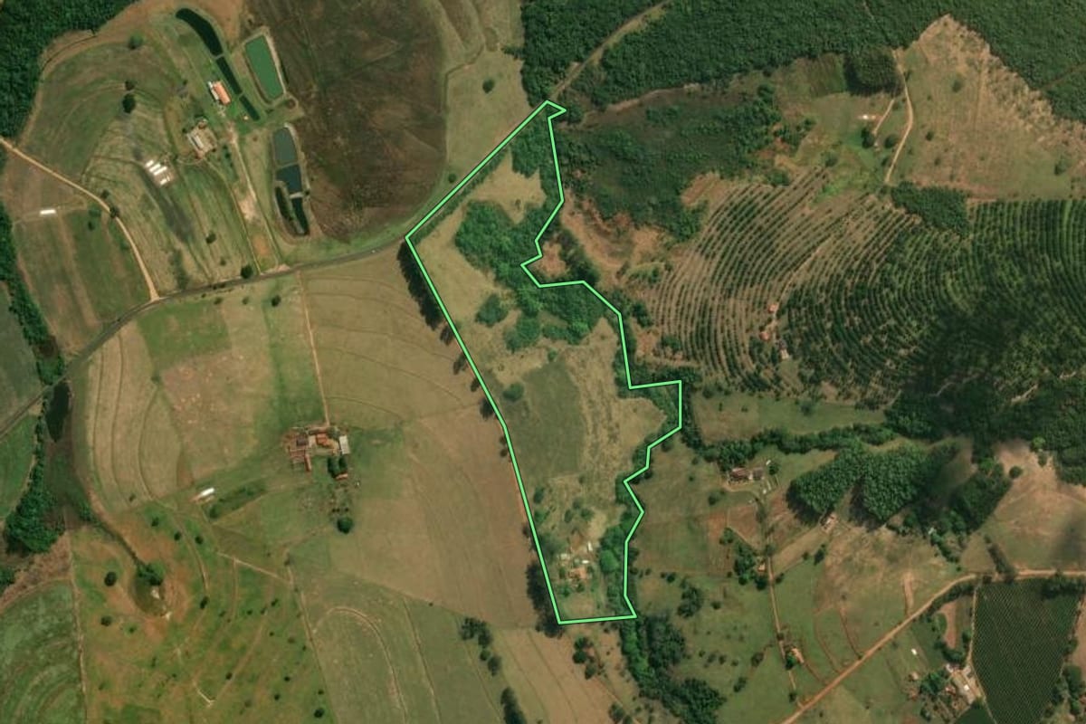 Imagem de satélite do imóvel rural em Santo Antônio da Alegria (SP), com o contorno declarado no CAR desenhado por cima.