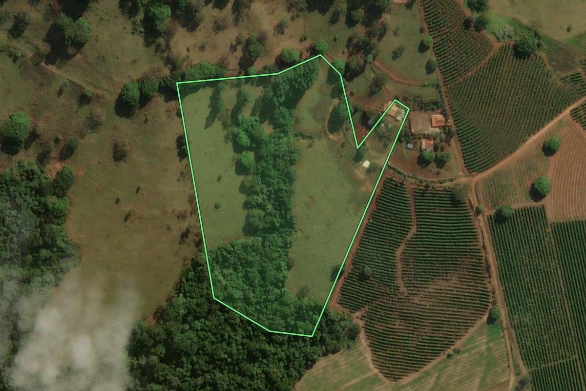 Imagem de satélite do imóvel rural em Santo Antônio da Alegria (SP), com o contorno declarado no CAR desenhado por cima.