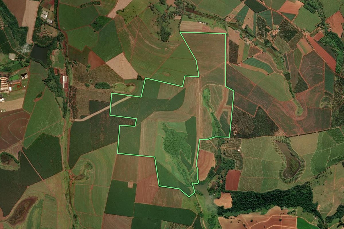 Imagem de satélite do imóvel rural em Santo Antônio de Posse (SP), com o contorno declarado no CAR desenhado por cima.