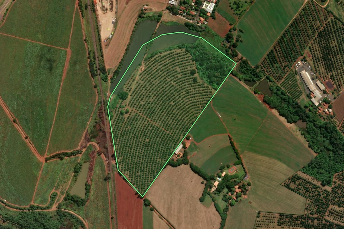 Imagem de satélite do imóvel rural em Santo Antônio de Posse (SP), com o contorno declarado no CAR desenhado por cima.