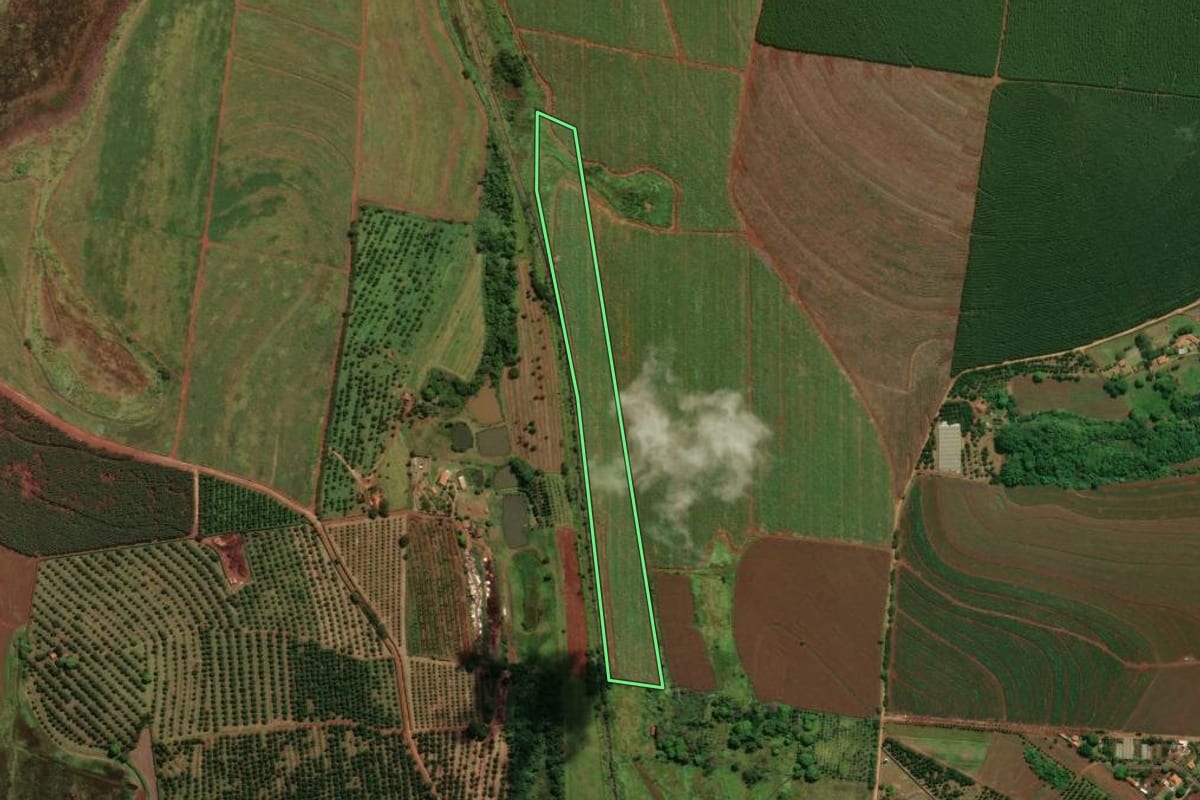 Imagem de satélite do imóvel rural em Santo Antônio de Posse (SP), com o contorno declarado no CAR desenhado por cima.
