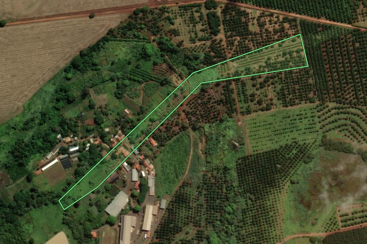 Imagem de satélite do imóvel rural em Santo Antônio de Posse (SP), com o contorno declarado no CAR desenhado por cima.