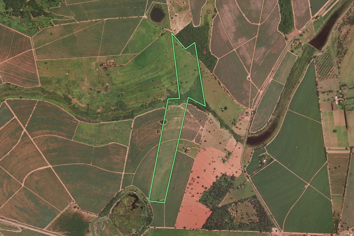Imagem de satélite do imóvel rural em Santo Antônio do Aracanguá (SP), com o contorno declarado no CAR desenhado por cima.