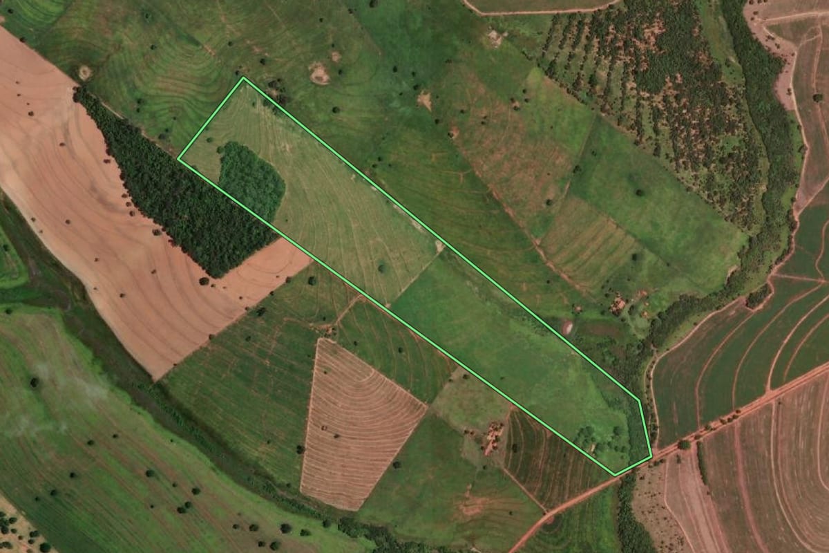 Imagem de satélite do imóvel rural em Santo Antônio do Aracanguá (SP), com o contorno declarado no CAR desenhado por cima.