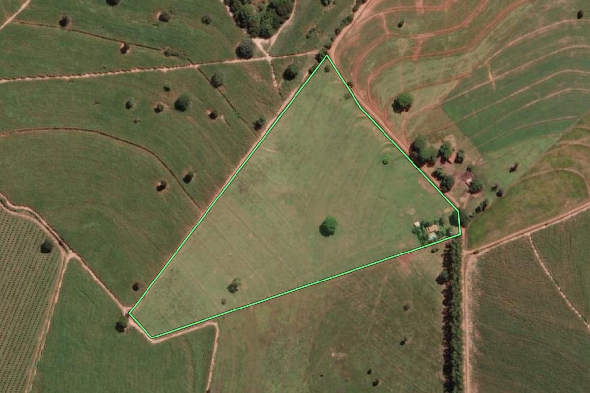 Imagem de satélite do imóvel rural em Santo Antônio do Aracanguá (SP), com o contorno declarado no CAR desenhado por cima.