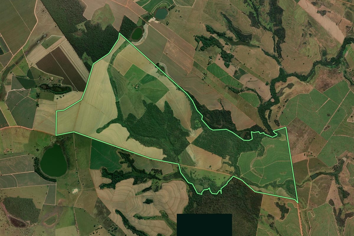 Imagem de satélite do imóvel rural em Santo Antônio do Aracanguá (SP), com o contorno declarado no CAR desenhado por cima.