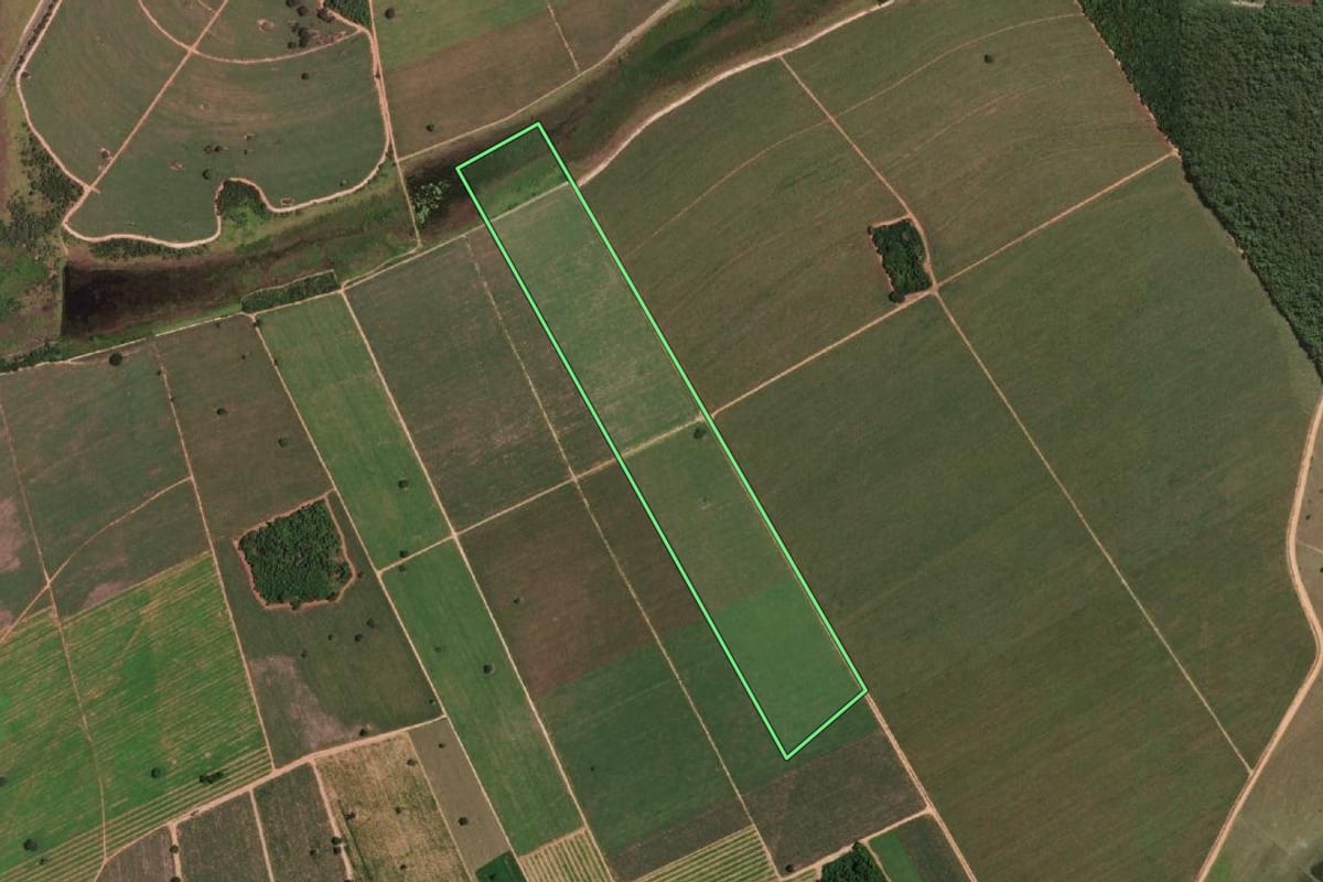 Imagem de satélite do imóvel rural em Santo Antônio do Aracanguá (SP), com o contorno declarado no CAR desenhado por cima.