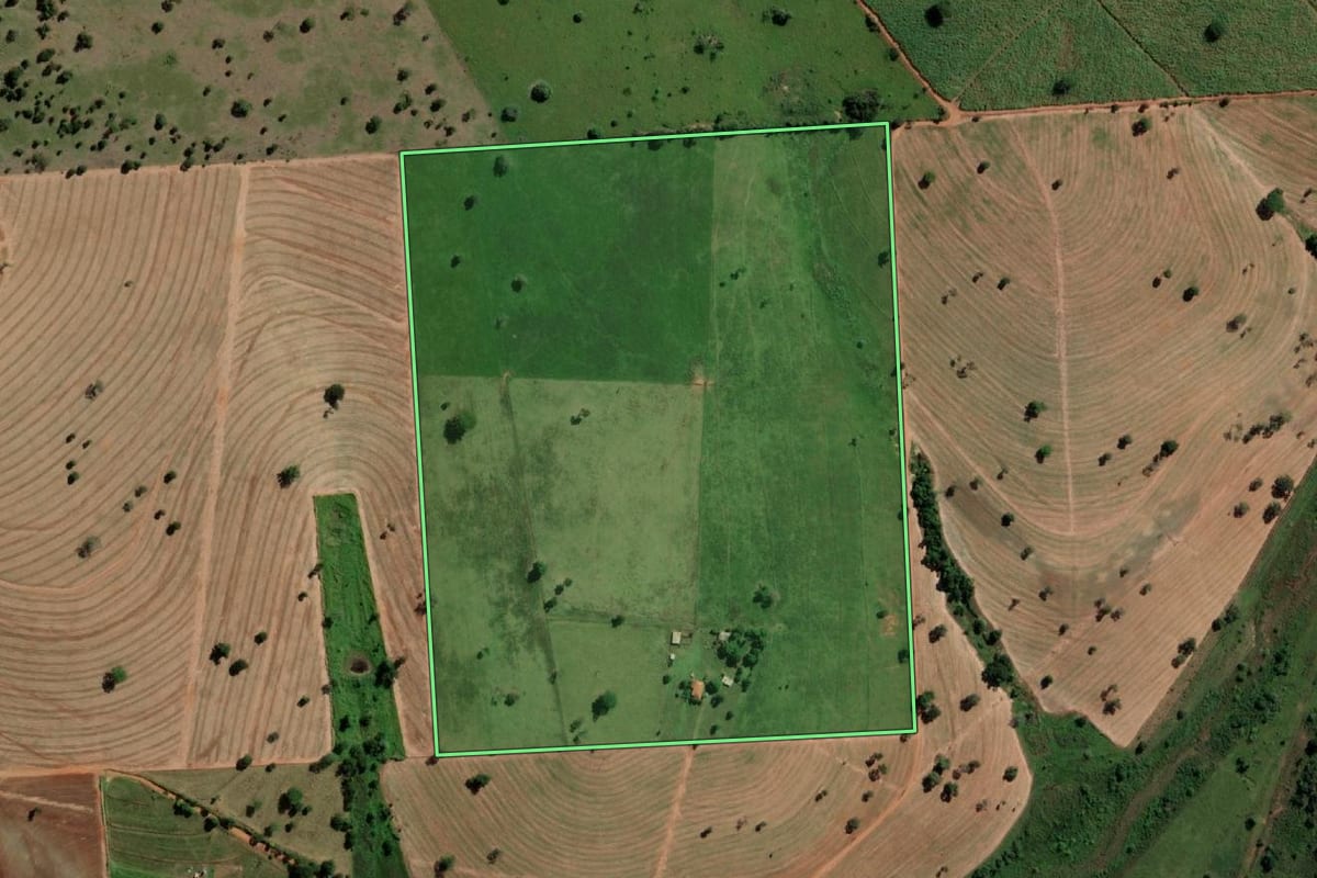 Imagem de satélite do imóvel rural em Santo Antônio do Aracanguá (SP), com o contorno declarado no CAR desenhado por cima.
