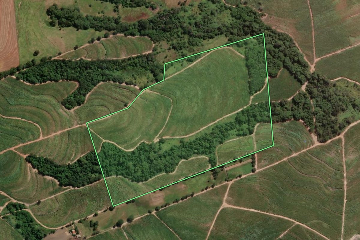 Imagem de satélite do imóvel rural em Santo Antônio do Aracanguá (SP), com o contorno declarado no CAR desenhado por cima.