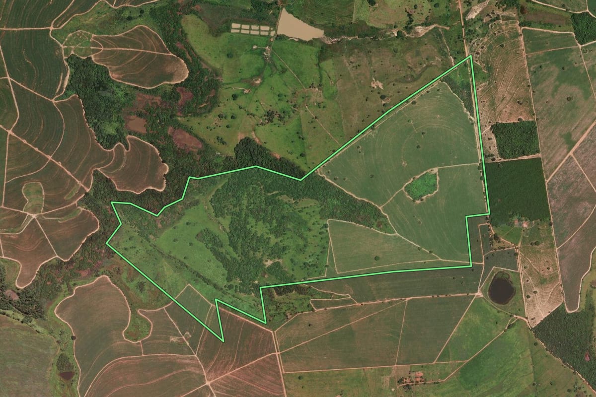 Imagem de satélite do imóvel rural em Santo Antônio do Aracanguá (SP), com o contorno declarado no CAR desenhado por cima.