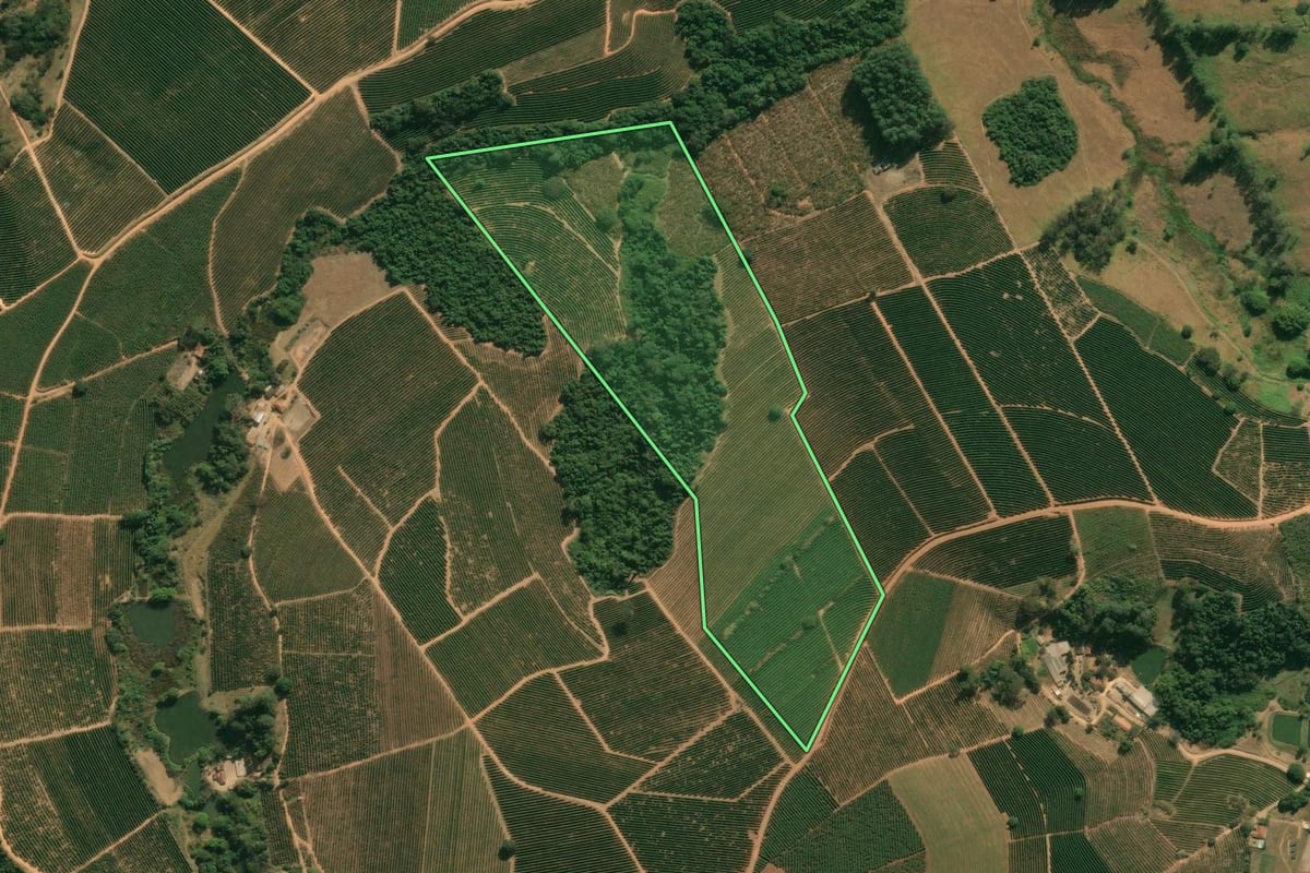 Imagem de satélite do imóvel rural em Santo Antônio do Jardim (SP), com o contorno declarado no CAR desenhado por cima.