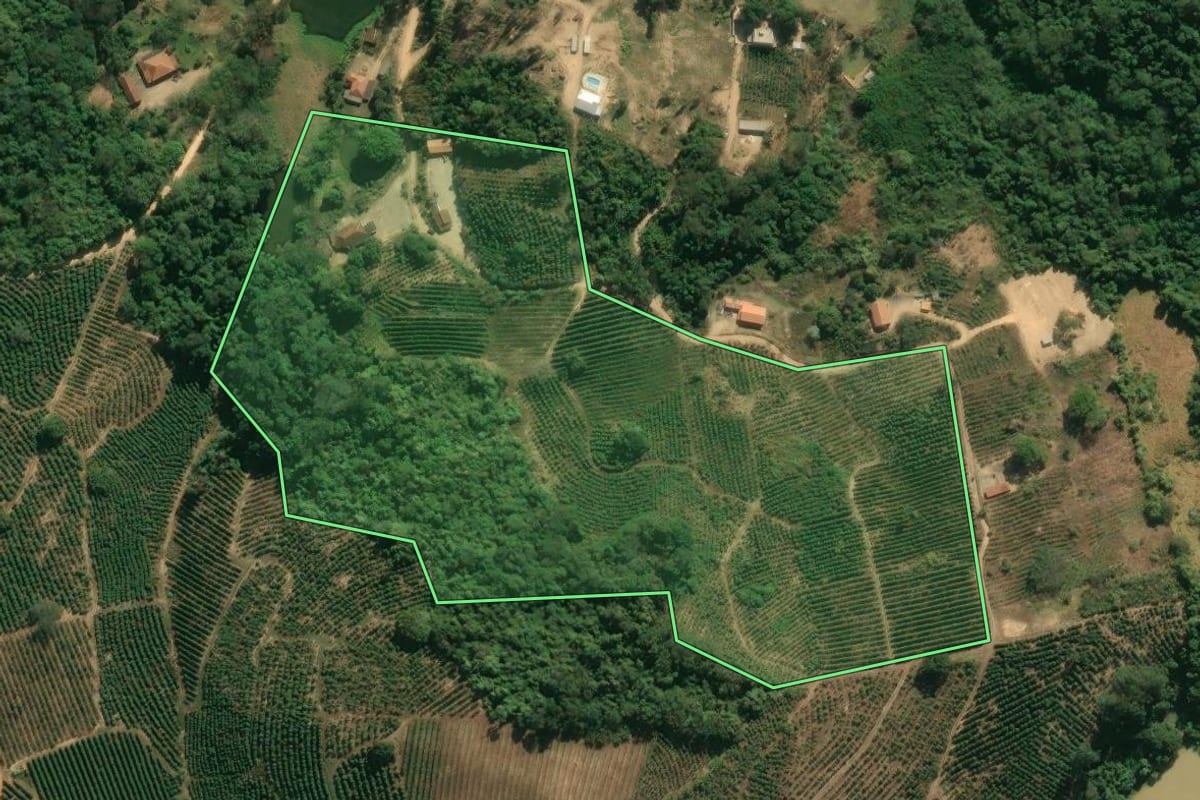 Imagem de satélite do imóvel rural em Santo Antônio do Jardim (SP), com o contorno declarado no CAR desenhado por cima.