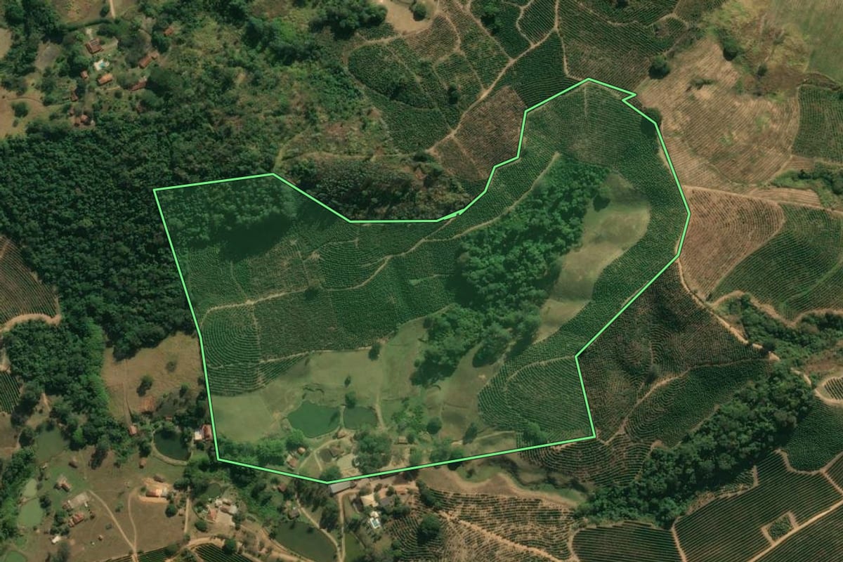 Imagem de satélite do imóvel rural em Santo Antônio do Jardim (SP), com o contorno declarado no CAR desenhado por cima.