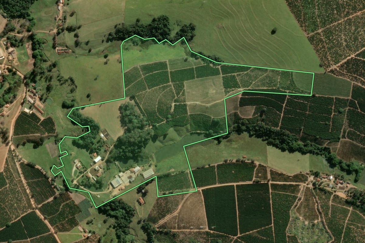 Imagem de satélite do imóvel rural em Santo Antônio do Jardim (SP), com o contorno declarado no CAR desenhado por cima.