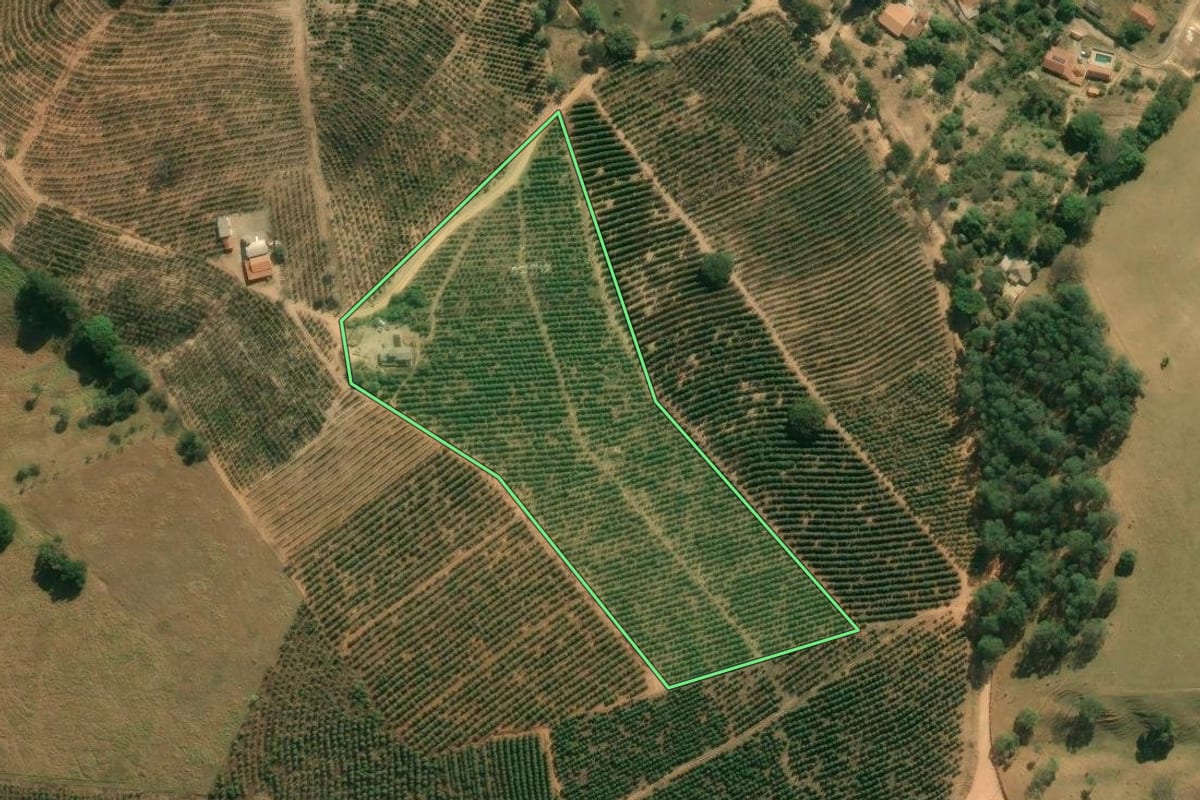 Imagem de satélite do imóvel rural em Santo Antônio do Jardim (SP), com o contorno declarado no CAR desenhado por cima.