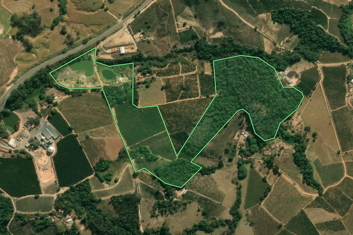 Imagem de satélite do imóvel rural em Santo Antônio do Jardim (SP), com o contorno declarado no CAR desenhado por cima.