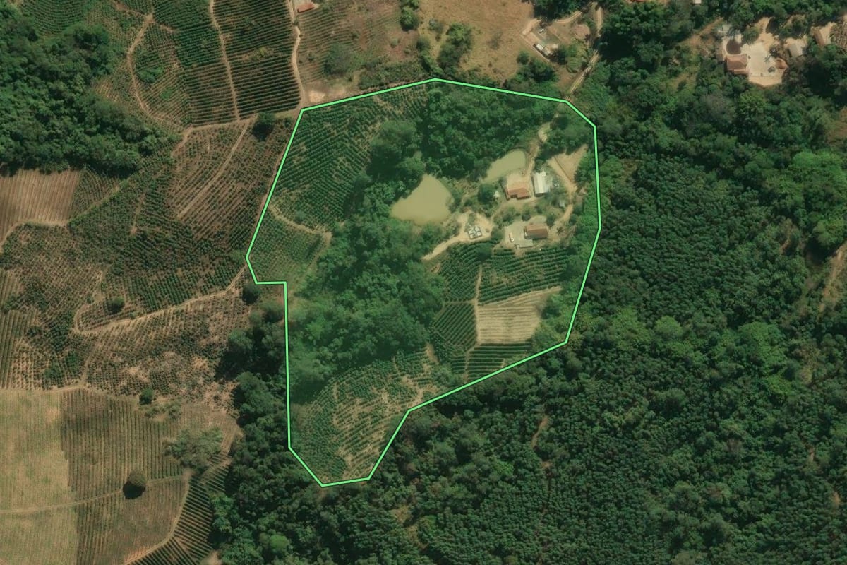 Imagem de satélite do imóvel rural em Santo Antônio do Jardim (SP), com o contorno declarado no CAR desenhado por cima.