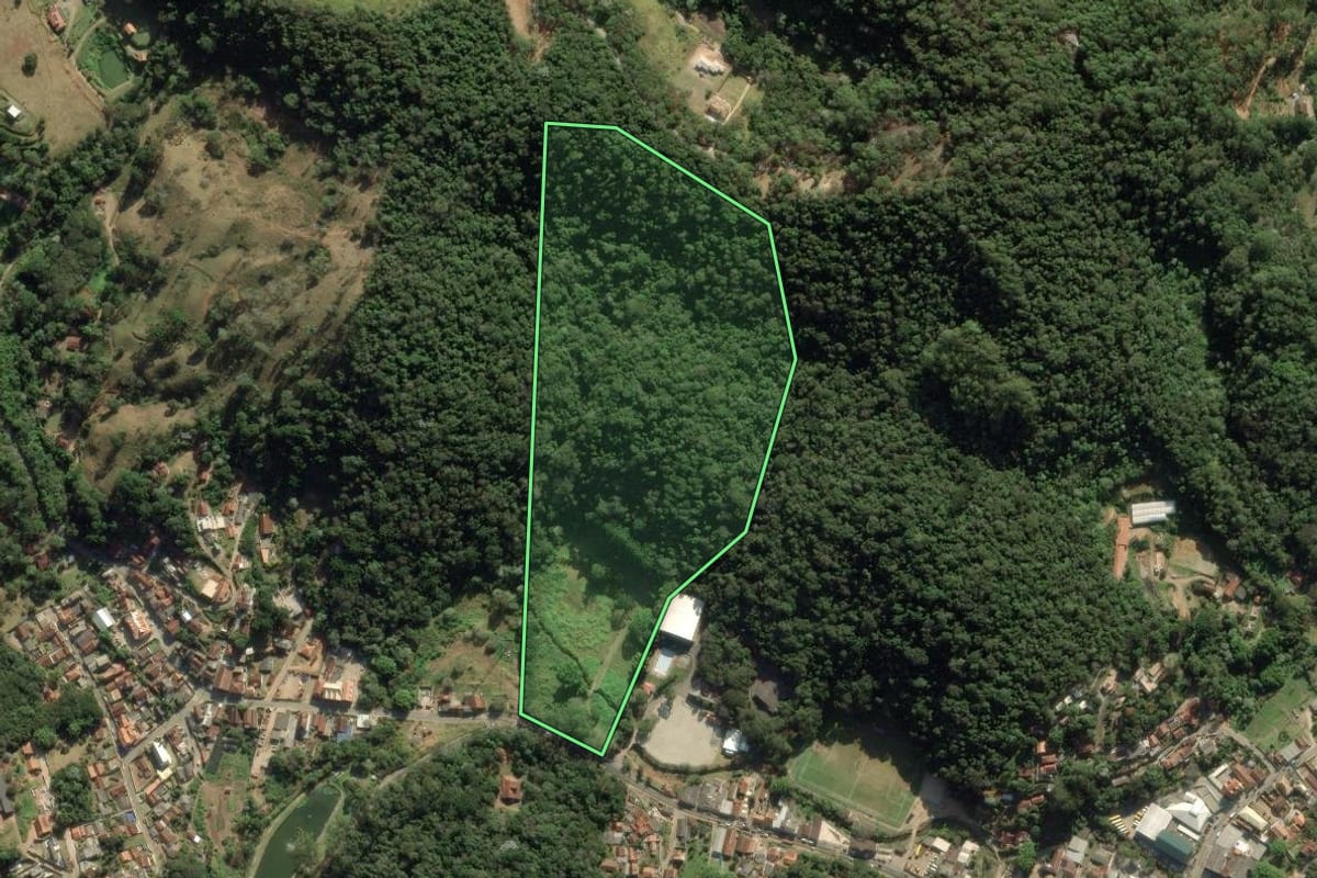 Imagem de satélite do imóvel rural em Santo Antônio do Pinhal (SP), com o contorno declarado no CAR desenhado por cima.