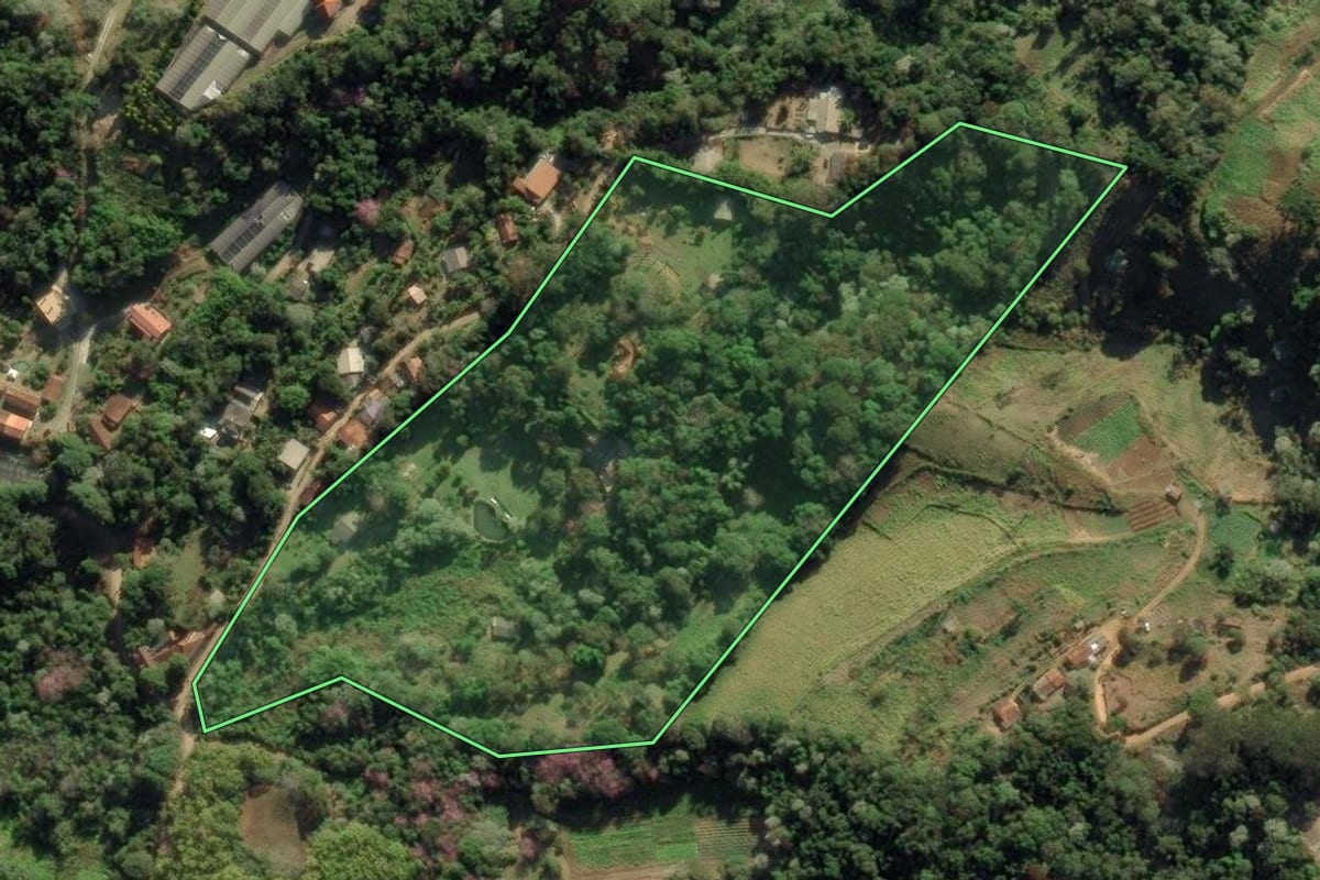 Imagem de satélite do imóvel rural em Santo Antônio do Pinhal (SP), com o contorno declarado no CAR desenhado por cima.
