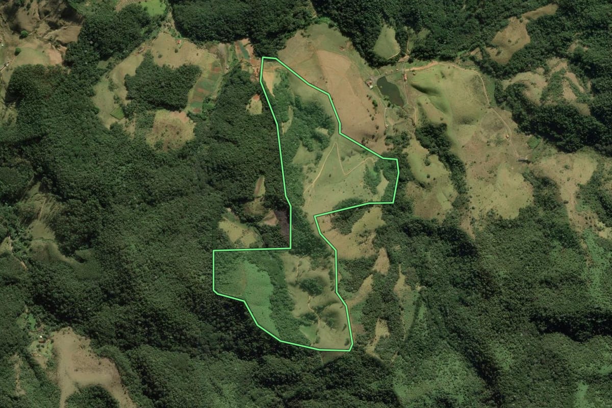 Imagem de satélite do imóvel rural em Santo Antônio do Pinhal (SP), com o contorno declarado no CAR desenhado por cima.