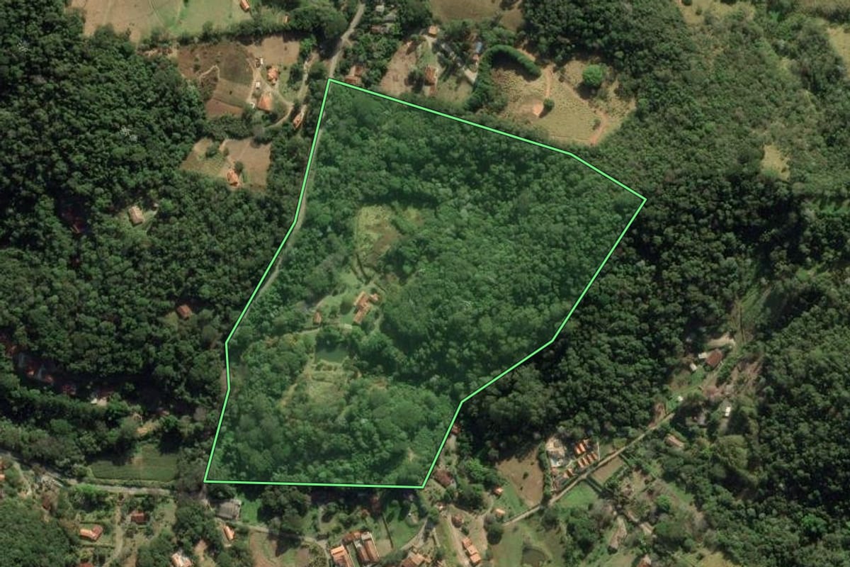 Imagem de satélite do imóvel rural em Santo Antônio do Pinhal (SP), com o contorno declarado no CAR desenhado por cima.