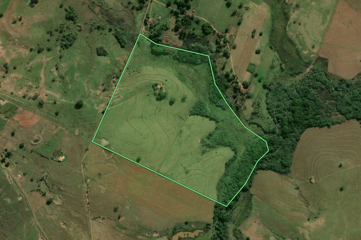 Imagem de satélite do imóvel rural em Santo Expedito (SP), com o contorno declarado no CAR desenhado por cima.