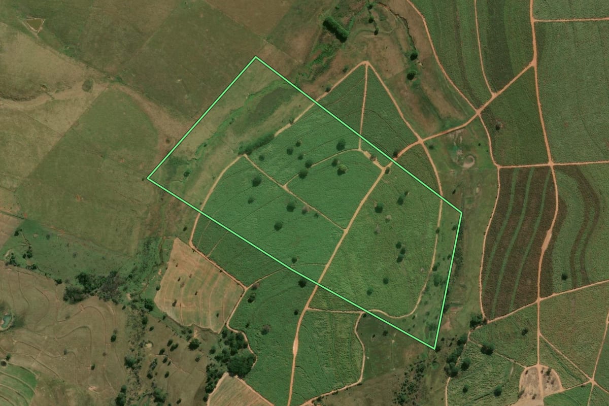 Imagem de satélite do imóvel rural em Santo Expedito (SP), com o contorno declarado no CAR desenhado por cima.