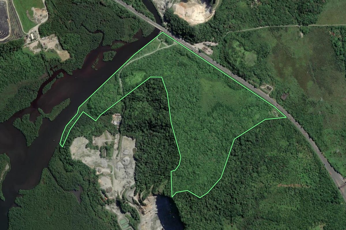 Imagem de satélite do imóvel rural em Santos (SP), com o contorno declarado no CAR desenhado por cima.
