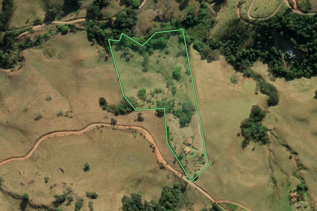 Imagem de satélite do imóvel rural em São Bento do Sapucaí (SP), com o contorno declarado no CAR desenhado por cima.