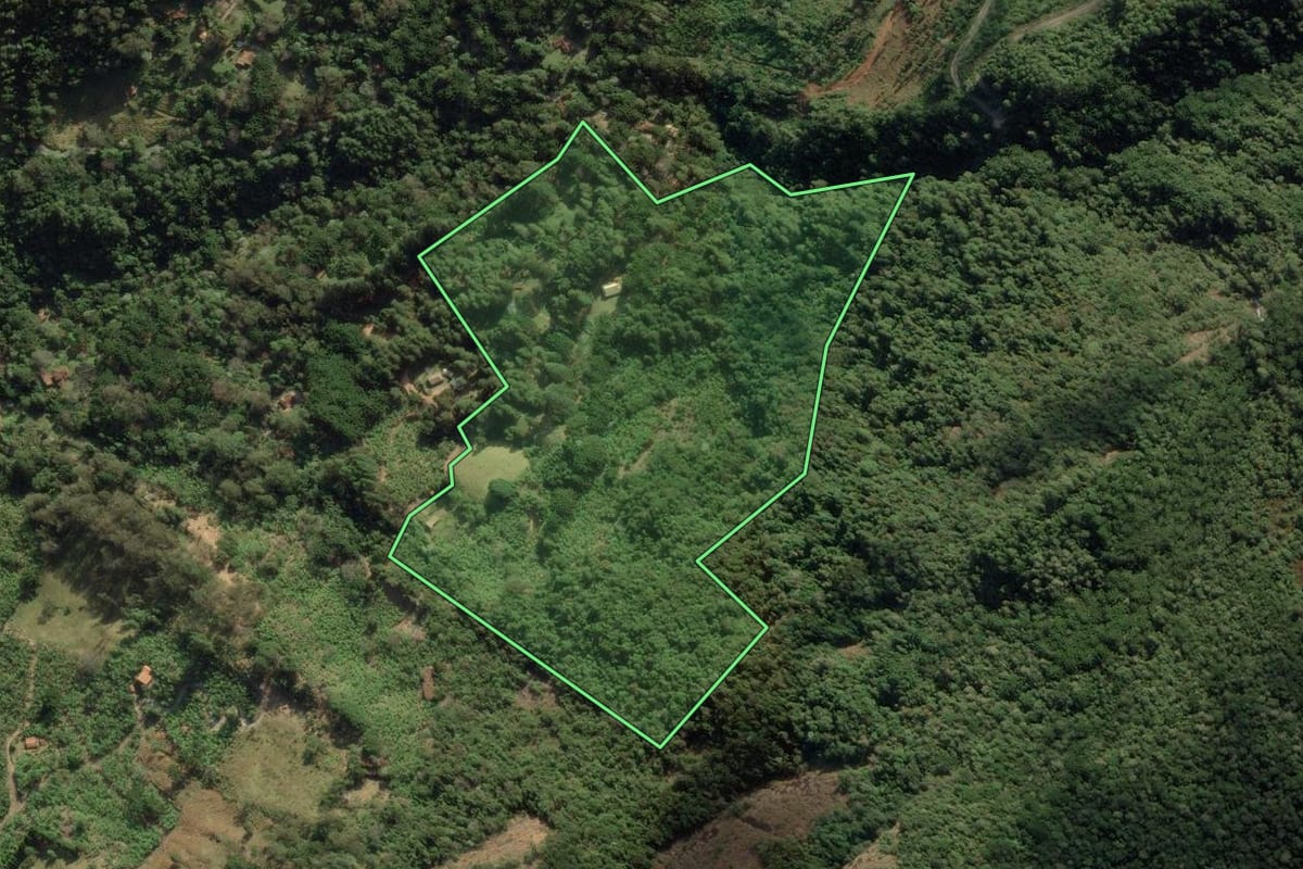 Imagem de satélite do imóvel rural em São Bento do Sapucaí (SP), com o contorno declarado no CAR desenhado por cima.