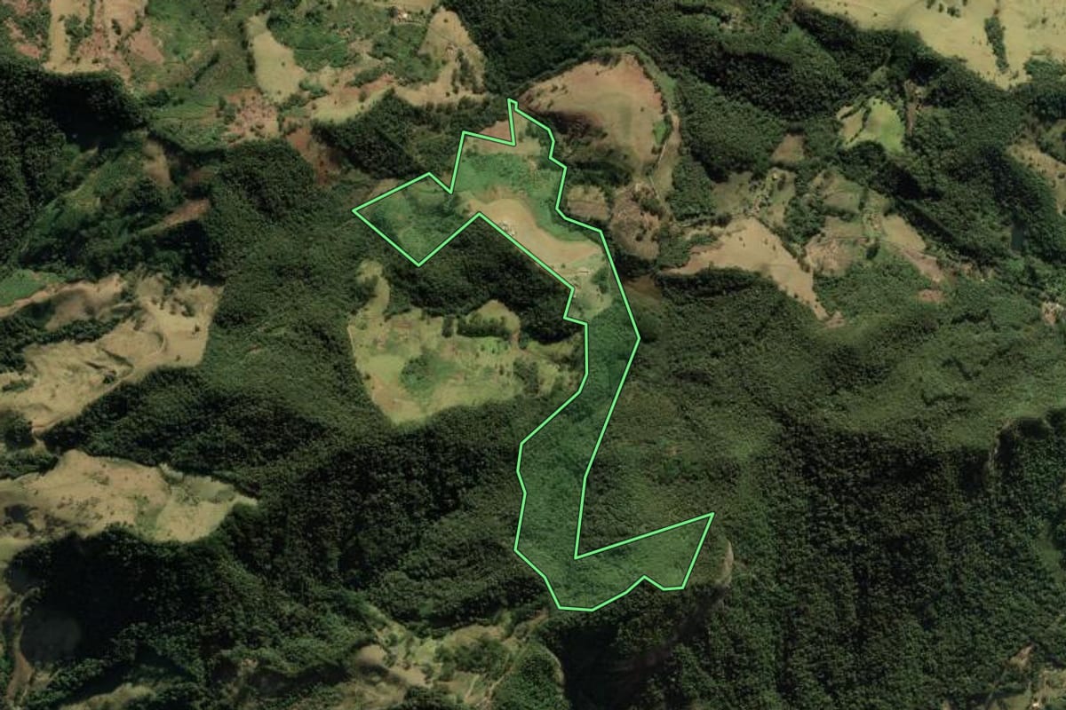 Imagem de satélite do imóvel rural em São Bento do Sapucaí (SP), com o contorno declarado no CAR desenhado por cima.